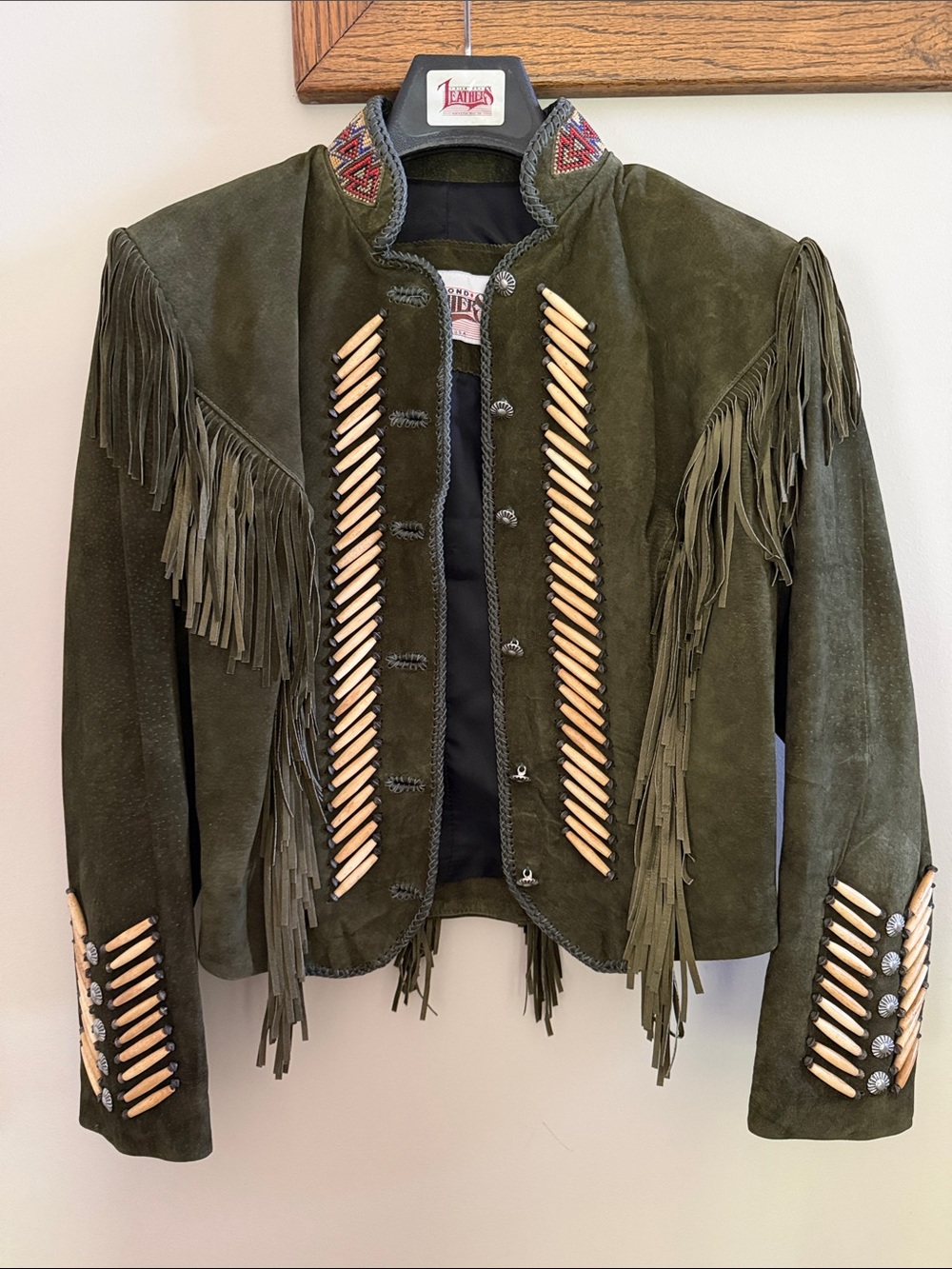NWOT Diamond Leathers Vintage Western Bone Bead Fringe Leather Jacket | 10 - Picture 2 of 12